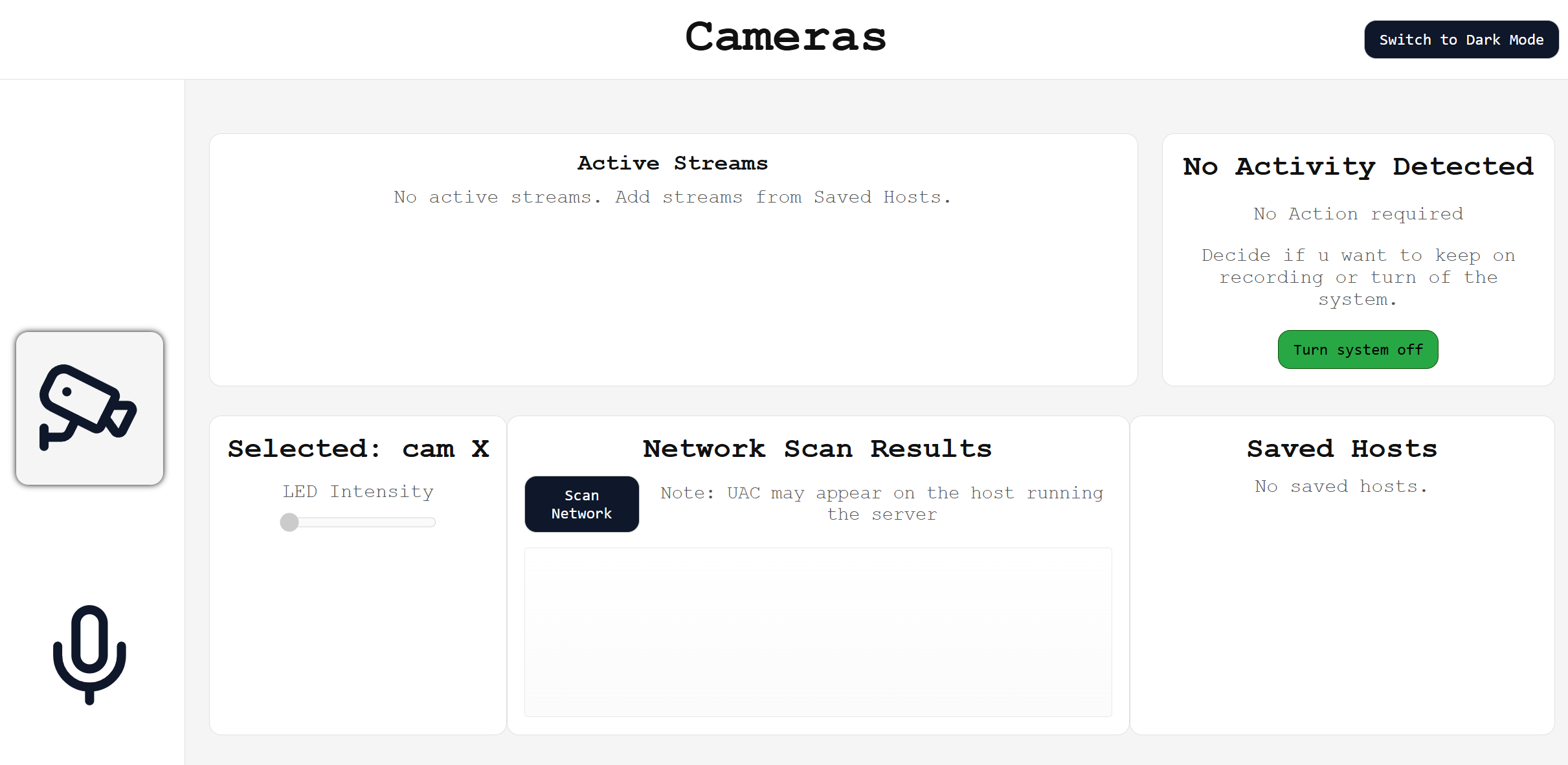 The Echoes camera dashboard, showing active streams, a network scanner, saved hosts, an LED intensity slider and a Switch to Dark Mode button