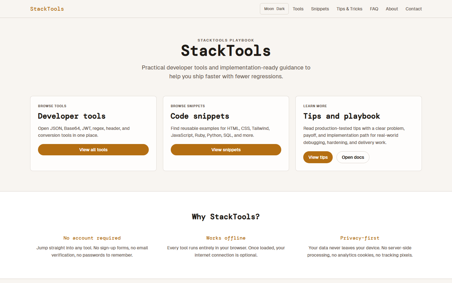 The StackTools home page, showing the three sections: developer tools, code snippets, and tips and playbook