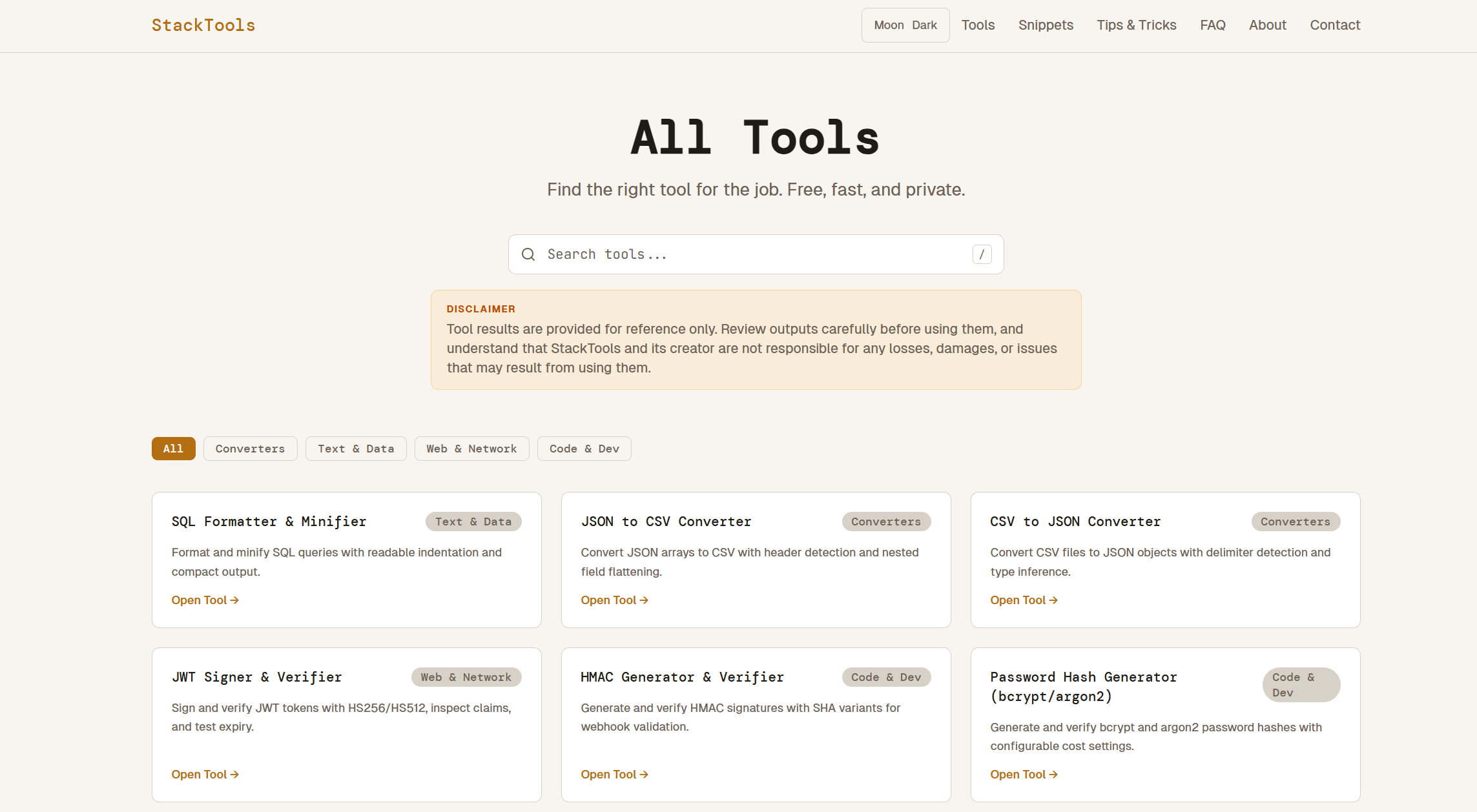 The StackTools all-tools index, with a search box, category filters and a grid of tool cards